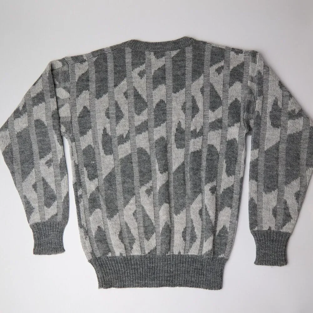 Vtg Monte Carlo Grandpa Sweater Men’s M Gray Geometric 3D Ribbed tight Knit